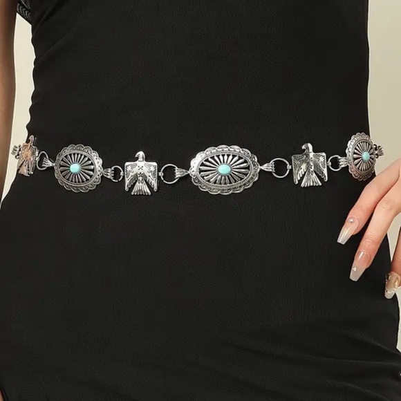 Accessories - THUNDERBIRD CONCHO TURQUOISE WESTERN SILVER BELT ADJUSTABLE BUCKLE CHAIN BELT
